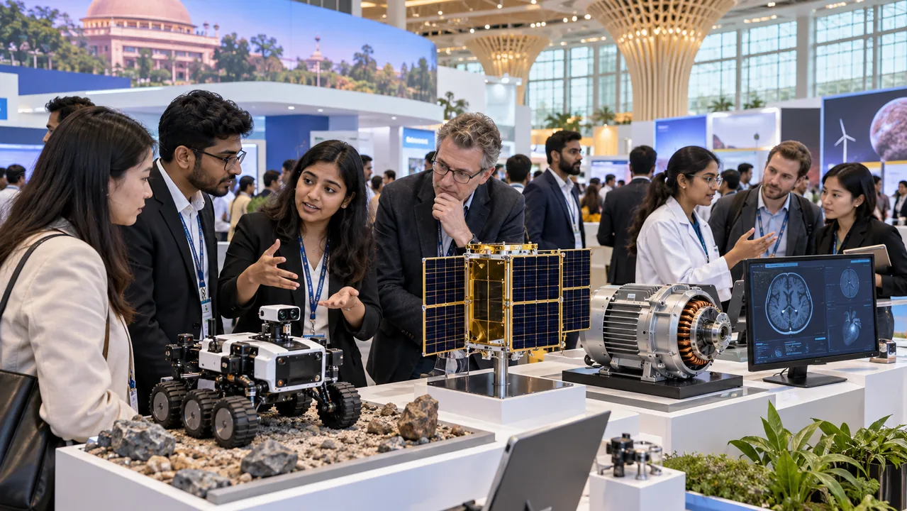 Representación editorial de emprendedores e investigadores presentando prototipos de robótica, espacio, energía y tecnología médica en una exposición internacional.
