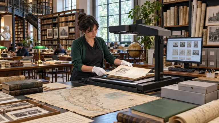 Representación editorial de una bibliotecaria digitalizando libros, mapas, fotografías y documentos históricos en una sala de lectura.
