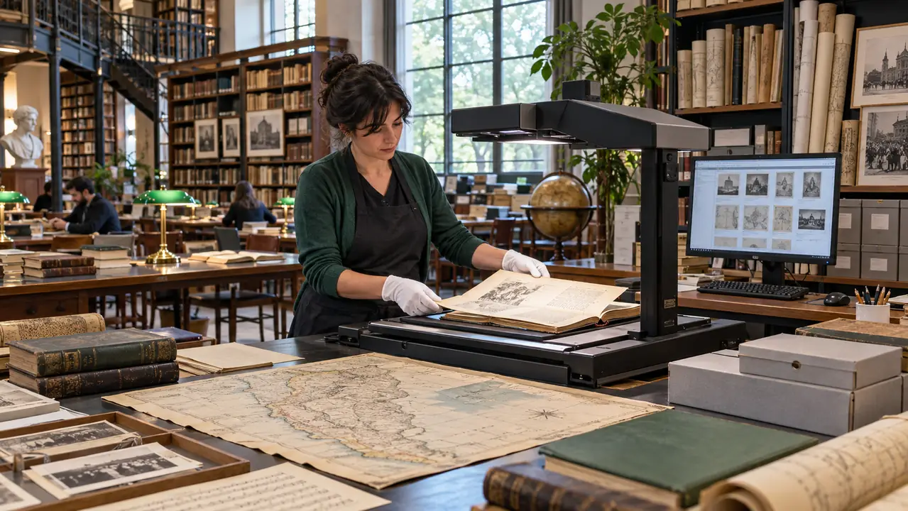 Representación editorial de una bibliotecaria digitalizando libros, mapas, fotografías y documentos históricos en una sala de lectura.