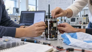 Estudiantes universitarios ensamblan un pequeño satélite CANSAT con sensores, antena y paracaídas en un laboratorio de ingeniería.