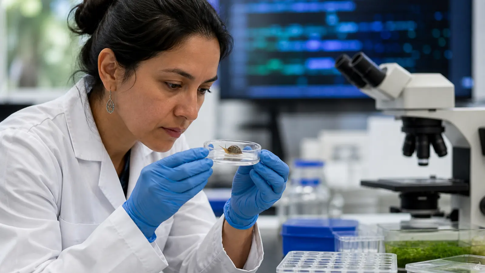 Investigadora observa un caracol de agua dulce utilizado como organismo modelo en un laboratorio de genética evolutiva.
