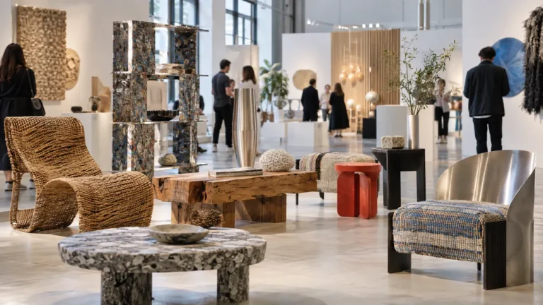 Exposición contemporánea con muebles y objetos creados con fibras naturales, madera, metal y materiales industriales recuperados.