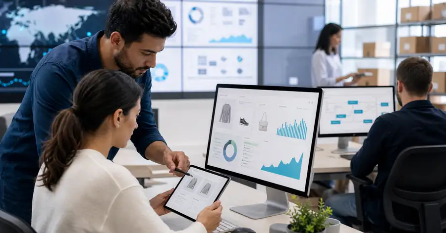 Equipo profesional analiza tableros de comercio digital, datos e inteligencia artificial en una oficina moderna con pantallas y flujo logístico de ecommerce.