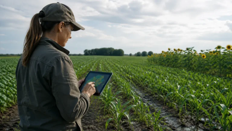Profesional observa un lote agrícola húmedo y consulta datos para planificar la campaña gruesa.