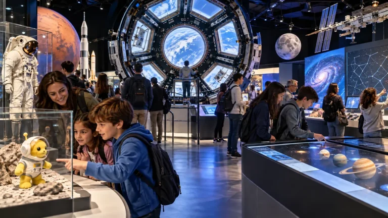 Familias recorren una exposición interactiva de ciencia espacial con un pequeño explorador de peluche en un museo.