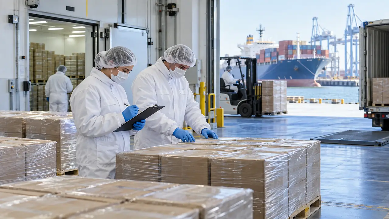 Representación editorial de especialistas que controlan pallets sellados en una cadena de frío junto a un puerto de exportación.