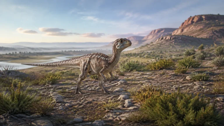 Reconstrucción editorial de Gasparinisaura en un paisaje patagónico del Cretácico.