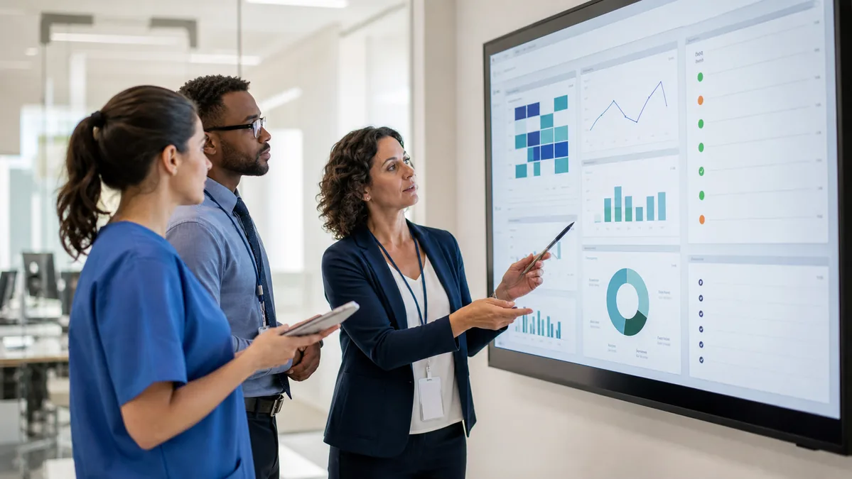 Profesionales de salud y datos analizan indicadores clínicos en una pantalla para evaluar gobernanza, seguridad y uso responsable de inteligencia artificial.