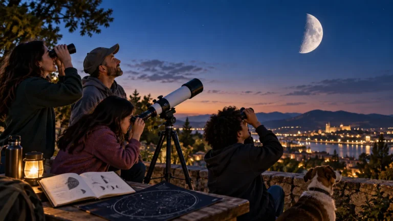 Personas observan la Luna con binoculares y telescopio durante una jornada de astronomía