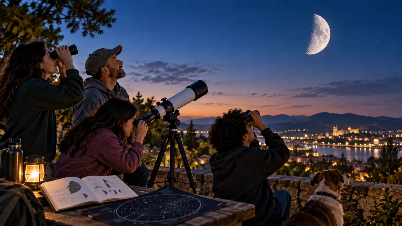 Personas observan la Luna con binoculares y telescopio durante una jornada de astronomía