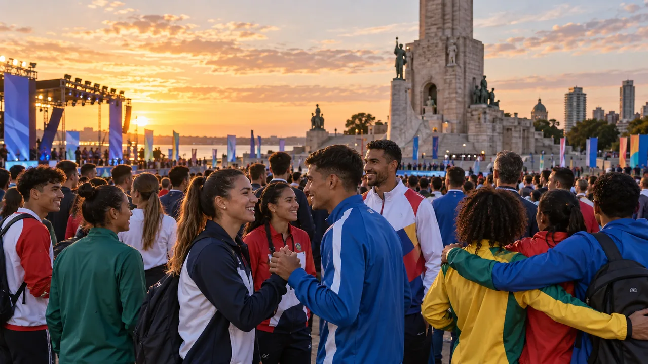 Representación editorial de atletas sudamericanos reunidos frente al Monumento a la Bandera de Rosario antes del inicio de Santa Fe 2026.