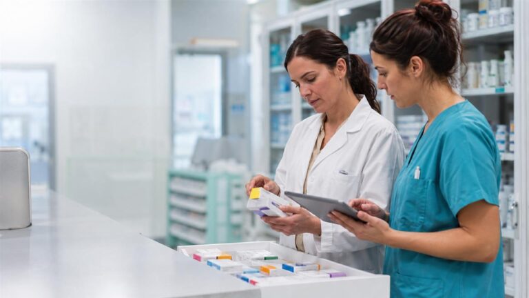 Farmacéutica y enfermera revisan medicamentos e inventario digital en un área hospitalaria de preparación clínica.