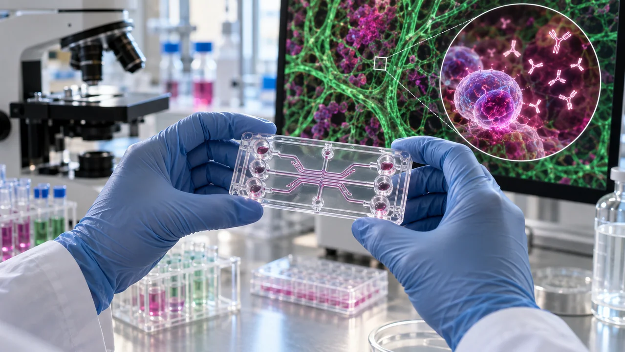 Representación editorial de una plataforma de médula ósea en un chip para observar células inmunes y redes vasculares en laboratorio.