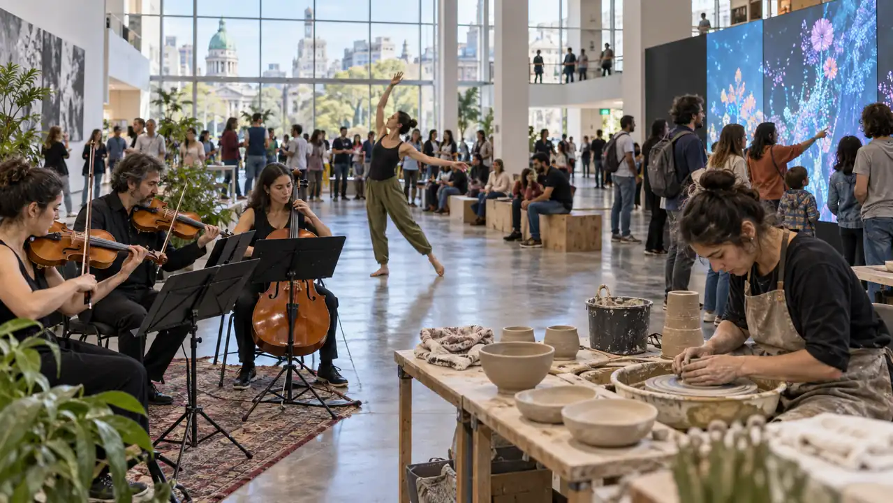 Representación editorial de un encuentro de industrias culturales con música, danza, cerámica y arte digital en un centro cultural.