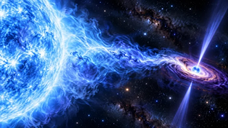 Visualización científica de una estrella azul gigante que libera viento estelar hacia un púlsar compacto.