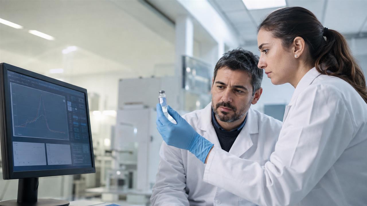 Dos investigadores revisan una muestra y datos de producción en un laboratorio científico de medicina nuclear.