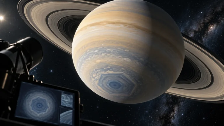 Ilustración editorial de Saturno y la onda atmosférica de diez lados observada alrededor de su polo sur.