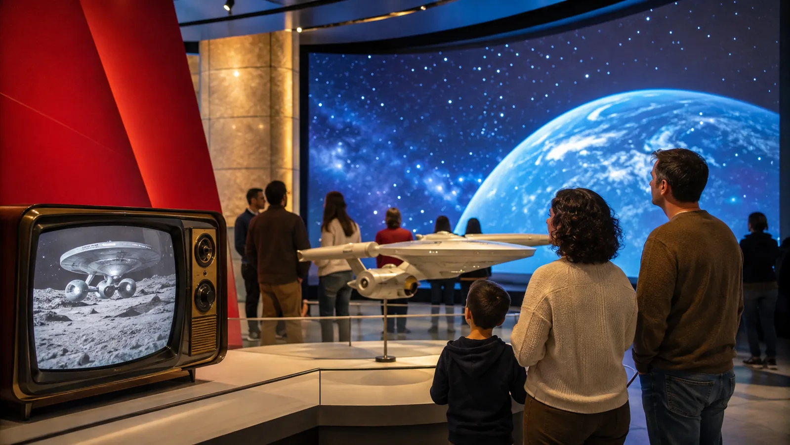 Visitantes recorren una muestra que conecta la ciencia ficción de los años sesenta con la exploración espacial.