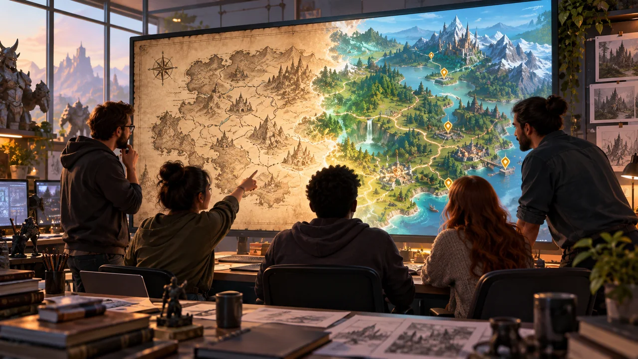 Equipo de desarrollo observa cómo un mapa fantástico clásico se transforma en un mundo digital renovado.
