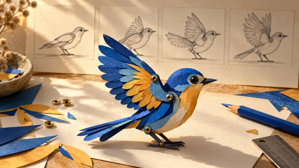 Pájaro articulado de papel azul y amarillo junto a bocetos de sus movimientos en un taller de animación.