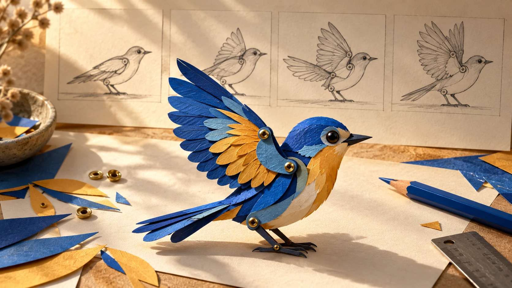 Pájaro articulado de papel azul y amarillo junto a bocetos de sus movimientos en un taller de animación.