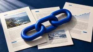 Ilustración editorial de eslabones azules que conectan documentos con fotografías y un gráfico, como metáfora de los enlaces a fuentes originales