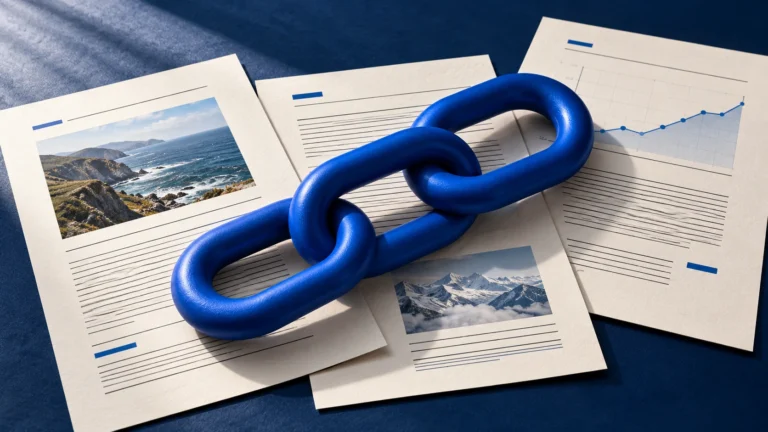 Ilustración editorial de eslabones azules que conectan documentos con fotografías y un gráfico, como metáfora de los enlaces a fuentes originales