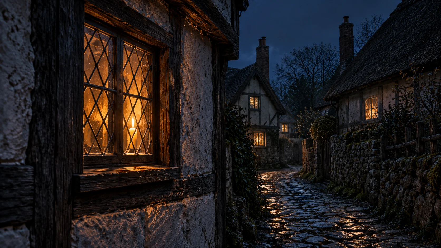 Ilustración de una ventana iluminada por una vela junto a una calle de casas antiguas, como concepto de escucha y sigilo