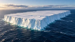 Ilustración de un iceberg tabular de paredes blancas sobre el océano azul, iluminado por una luz polar suave