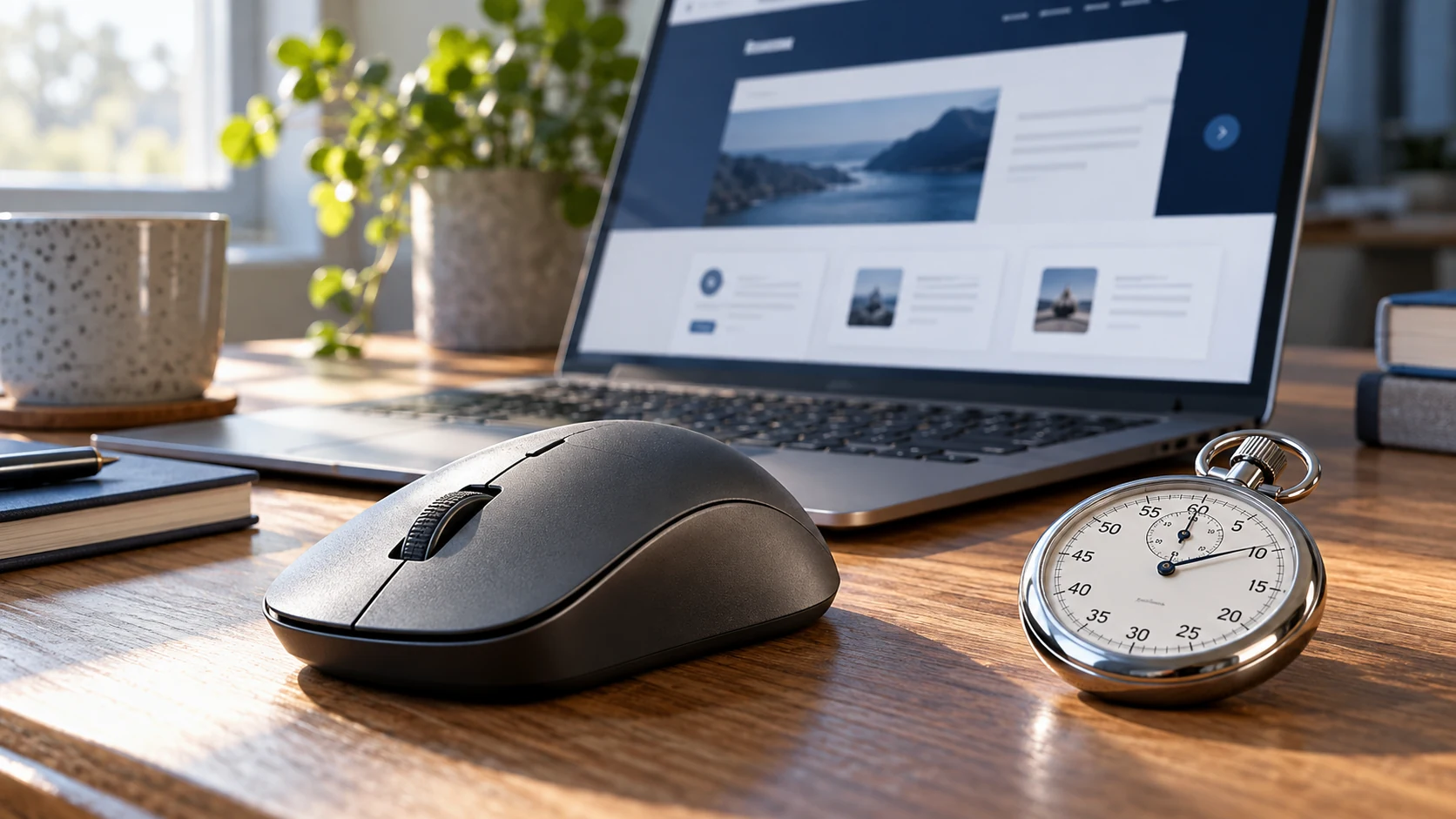 Mouse y cronómetro junto a una computadora portátil, como ilustración conceptual del tiempo de respuesta de una web