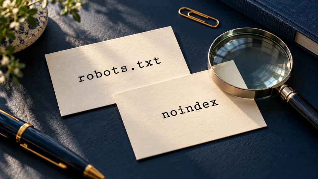 Dos tarjetas con las palabras robots.txt y noindex junto a una lupa sobre un escritorio azul.