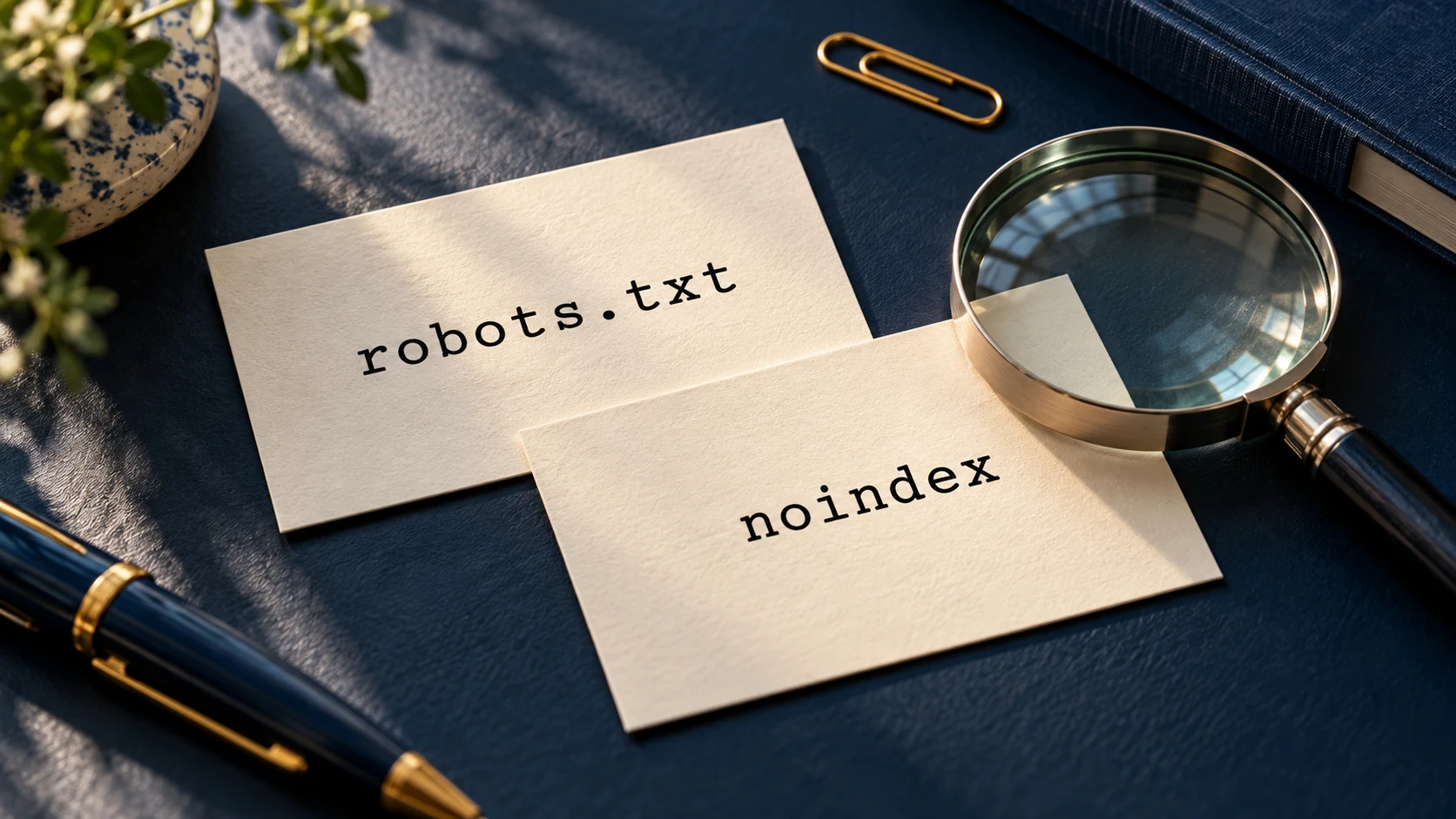 Dos tarjetas con las palabras robots.txt y noindex junto a una lupa sobre un escritorio azul.