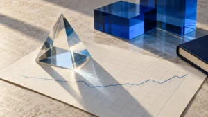 Prisma de vidrio sobre un gráfico azul impreso, con bloques translúcidos y un cuaderno, como metáfora del análisis de datos