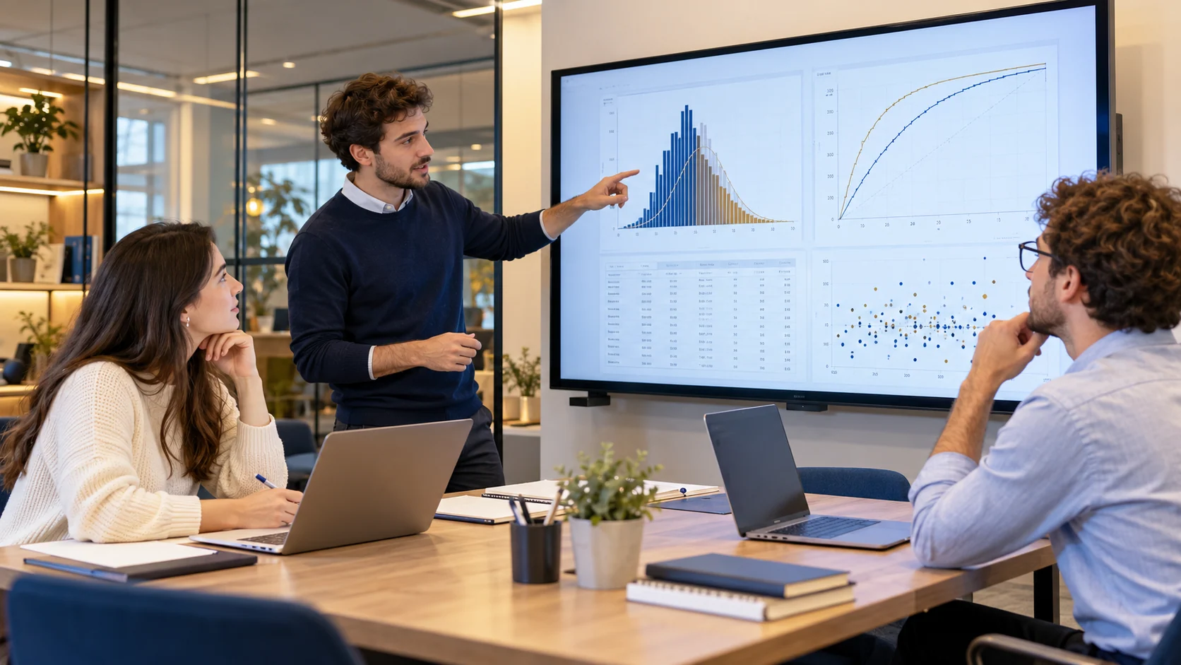 Equipo compara distribuciones de datos y resultados de un modelo en una pantalla