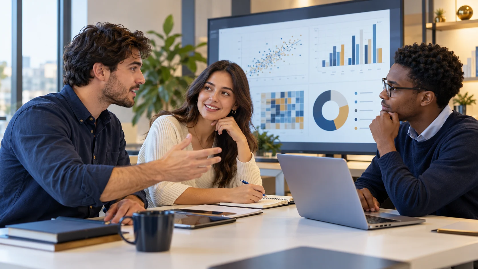 Tres estudiantes analizan visualizaciones de datos alrededor de una mesa