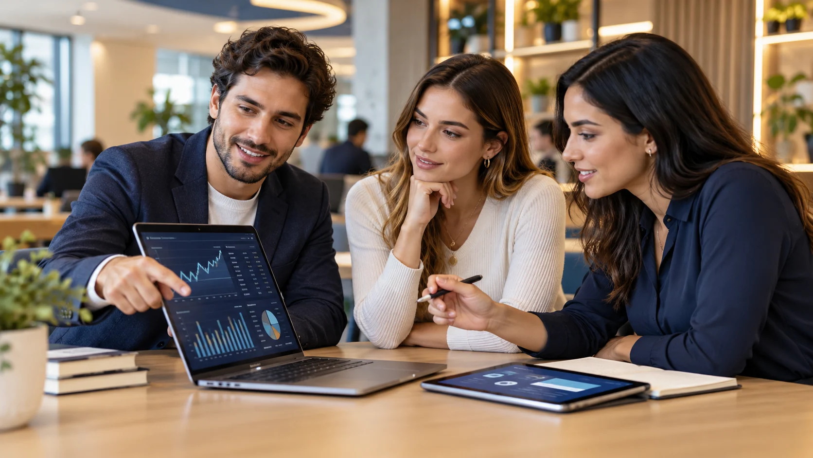 Tres estudiantes trabajan con un panel financiero digital y una interfaz de pagos