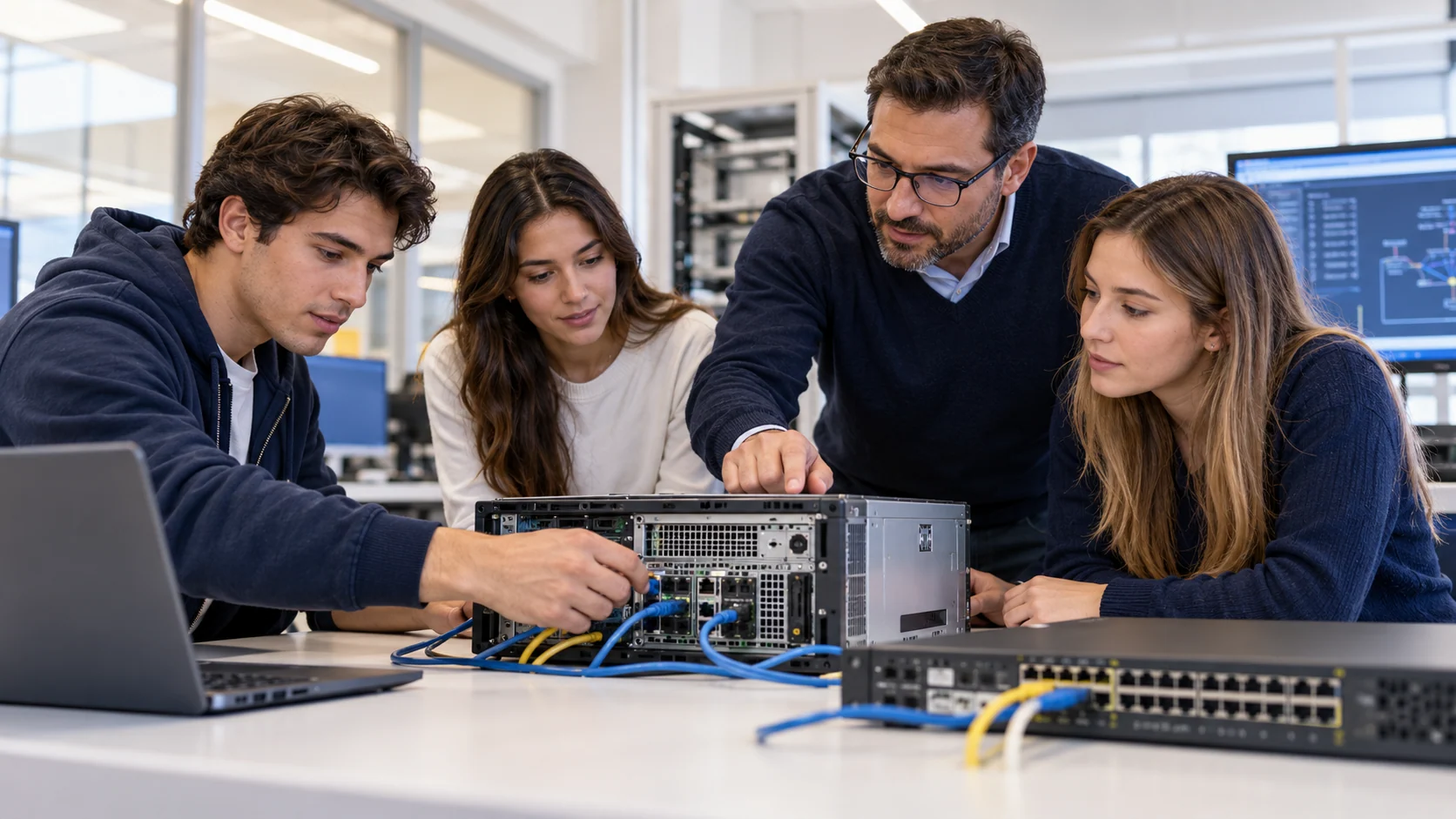 Tecnicatura Superior en Soporte de Infraestructura a Distancia 5 Equipo de estudiantes e instructor trabajan con un servidor y un switch de red