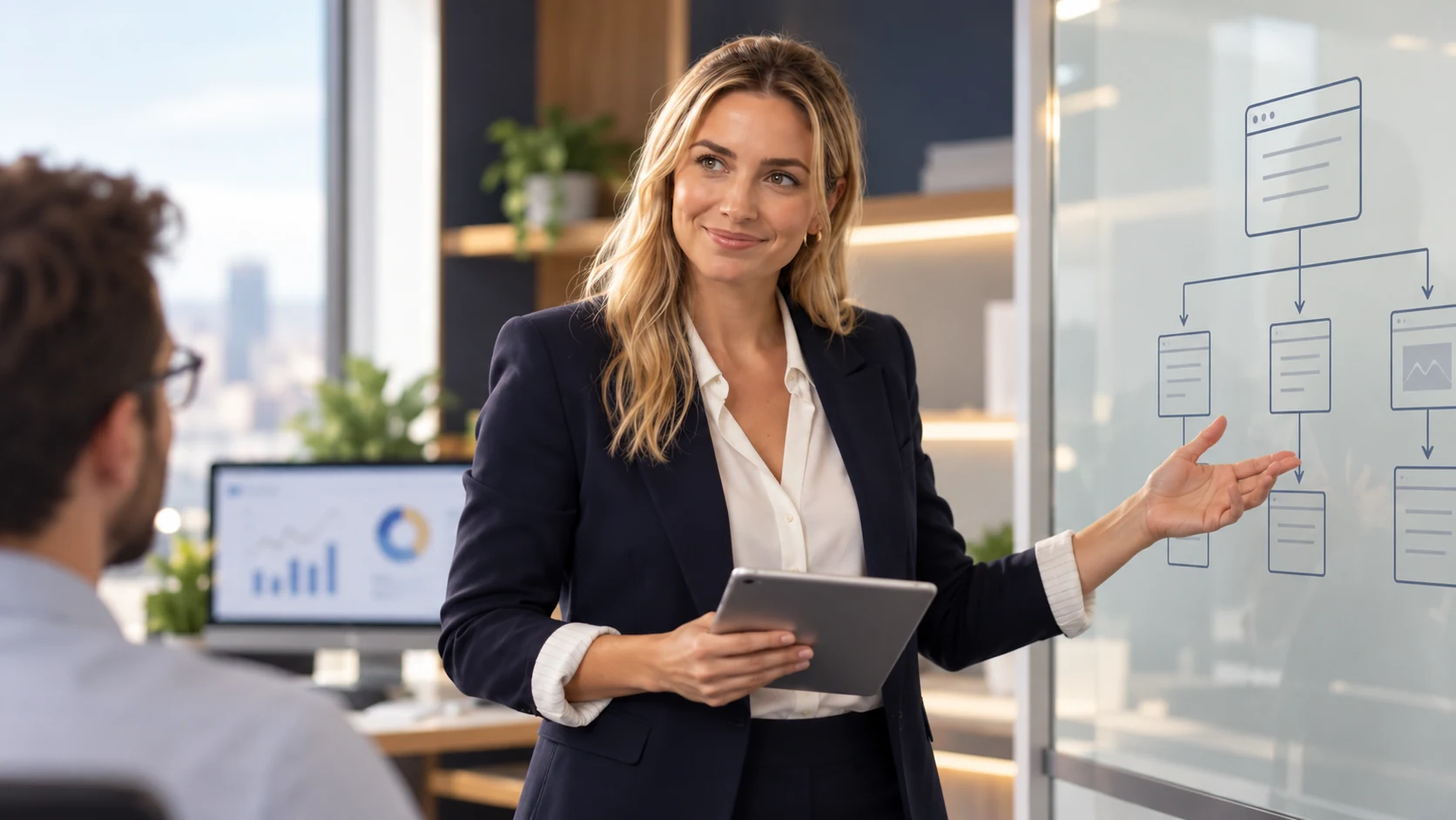 La protagonista del Curso SEO coordina el trabajo frente a un tablero de estrategia digital